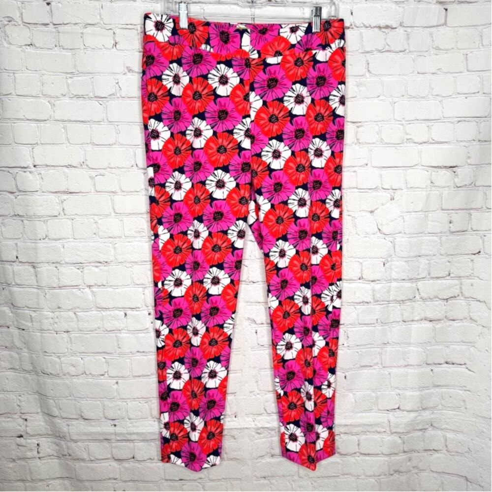 Pappagallo Wms 6 Pink Red Poppy Floral Print Stretch Knit Ankle Pants Modern
